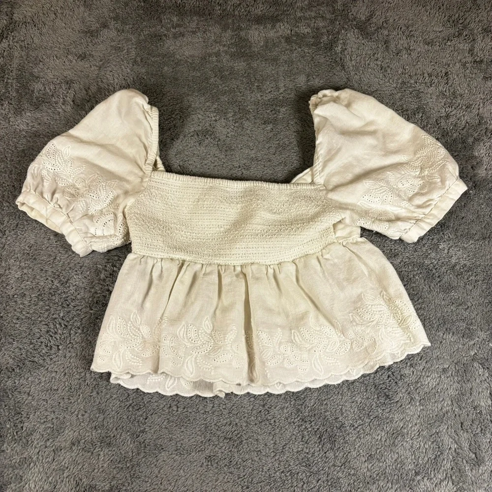 Zara White Eyelet Embroidered Linen Blend Puff Sleeve Crop Top Small